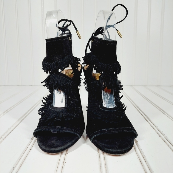 Aquazzura Black Suede Sexy Thing Fringe Peep Toe Booties Sandals Heels B163 - Picture 3 of 12